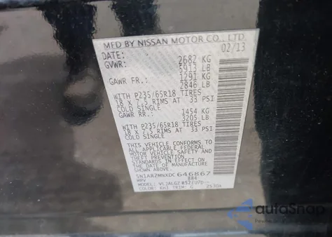 2013 Nissan Pathfinder Sl z USA, uszkodzony, nr VIN 5N1AR2MNXDC646867